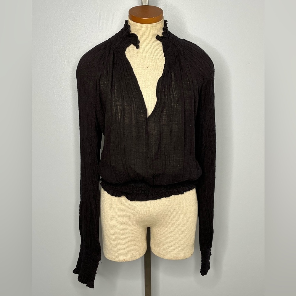 Free People One Plunge V-Neck Long Sleeve Blouse Size Large Black